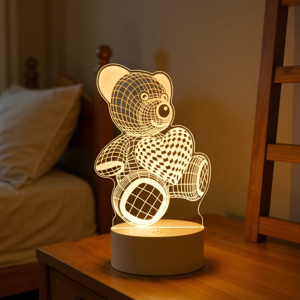 Lampe de chevet originale LED posée sur une table de nuit dans une chambre chaleureuse