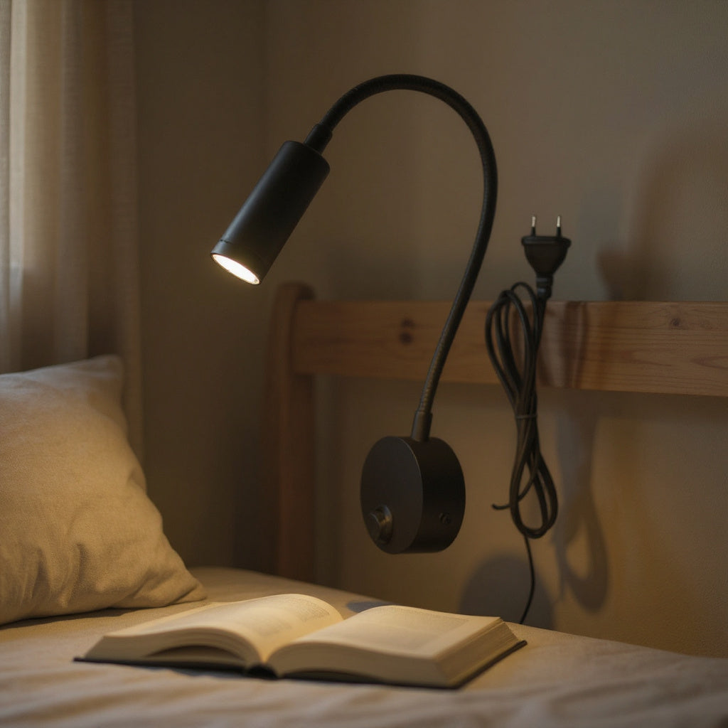 Lampe de lecture au lit dans un intérieur chaleureux