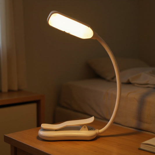 Lampe de lecture sans fil rechargeable posée sur une table de nuit, lumière LED chaude allumée